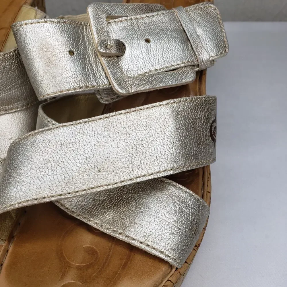 Born Womens 10 High Wedge Platform Light Gold Strappy Cork Sandals Slip Ons